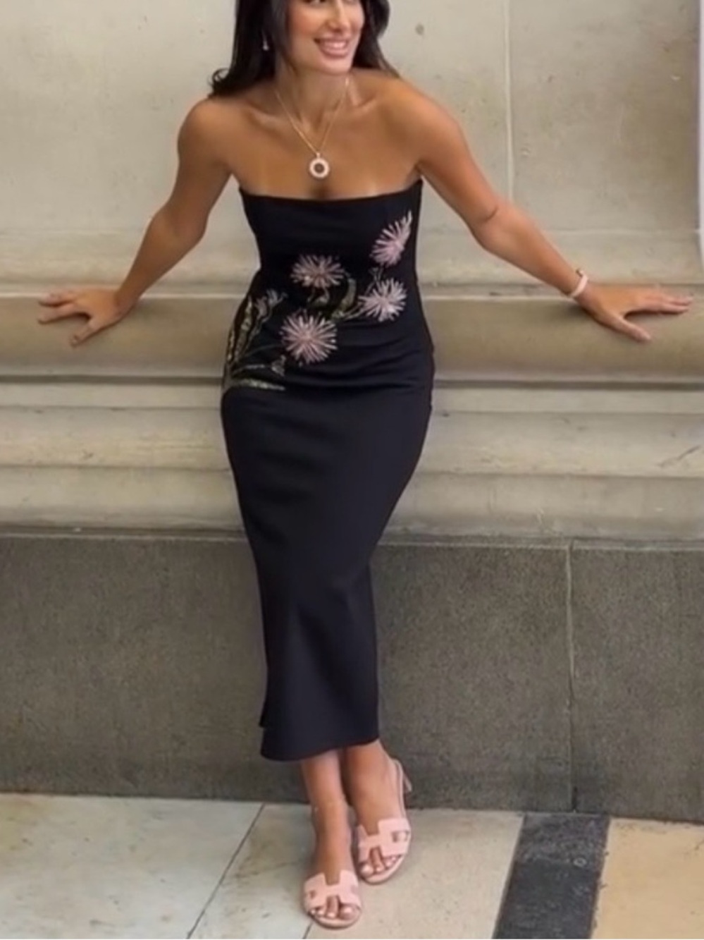STAUD Brooke Floral Beaded Strapless Cocktail Midi Dress in Dahlia Daydream - Picture 1 of 11